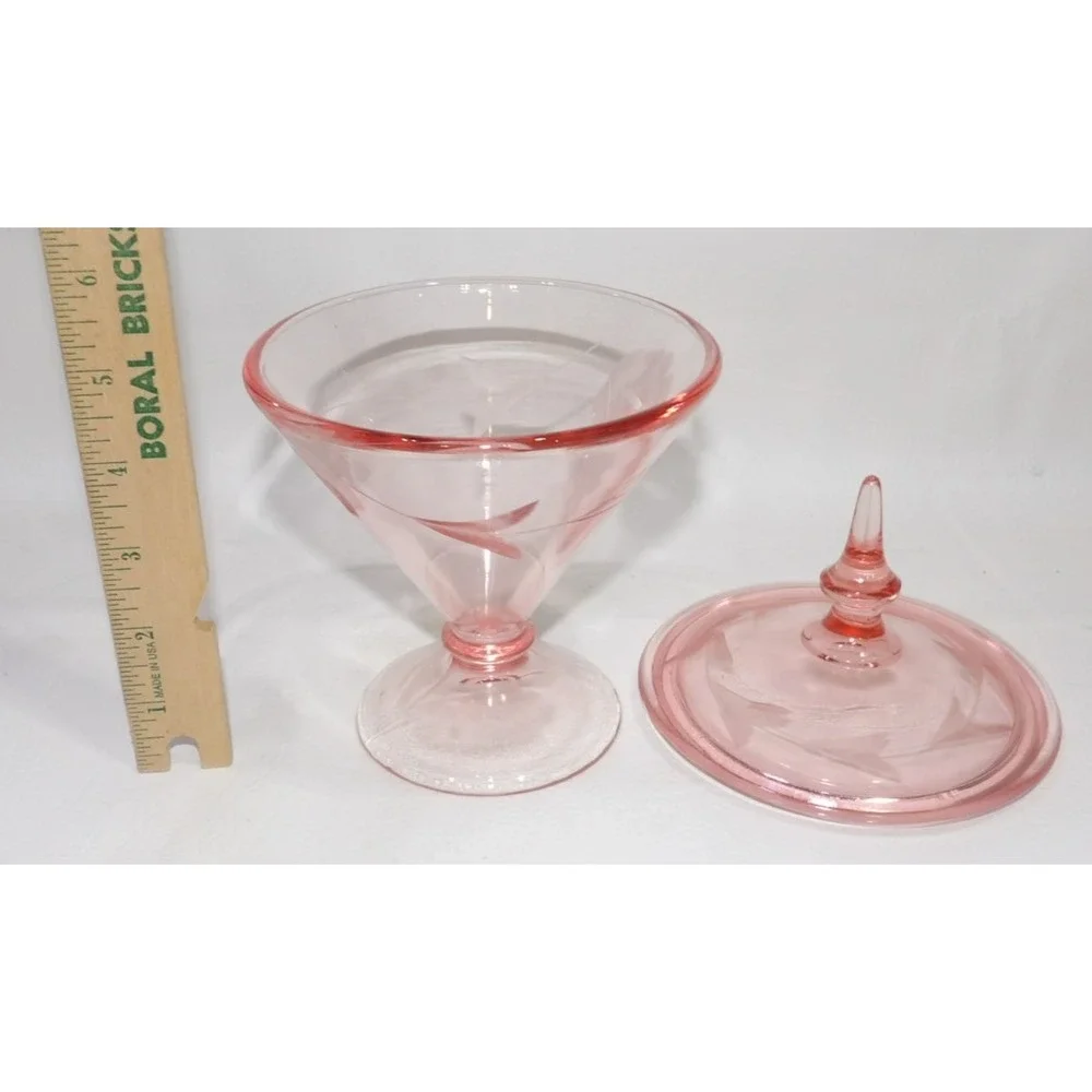 Vintage Lancaster Pink Depression Glass Etched Candy Dish Lidded Footed Compote